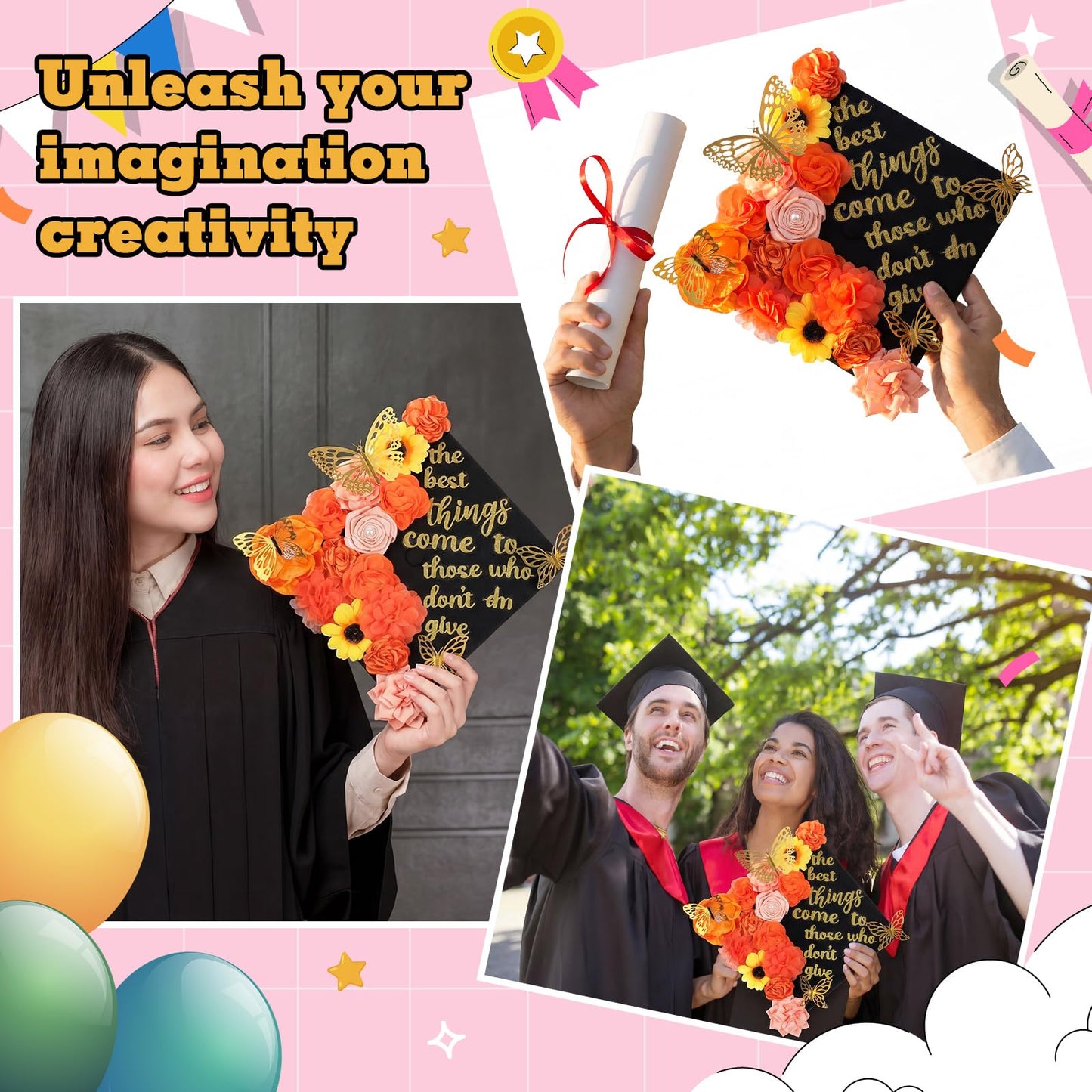 Feifeiya 36 Pcs DIY 2026 Graduation Cap Decorations Accessory Kit Include Faux Flower Heads Graduation Quotes Glitter Stickers 3D Butterfly for Grad Cap Topper DIY Gift(Orange,Excitation)