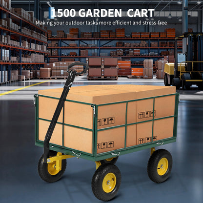 Heavy Duty 1500 Lbs Mesh Steel Garden Cart, Folding Utility Wagon with Removable Sides & All-Terrain Wheels, 3-in-1 ATV Trailer for Garden, Lawn and Farm Hauling