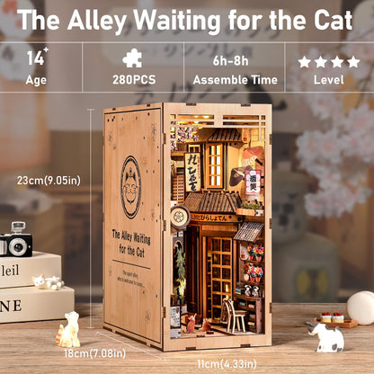 Reenovan Book Nook Kit, DIY Miniature House Kit for Adults & Teens, Japanese Alley Scene Bookshelf Insert Decor with LED, 3D Wooden Puzzle Gift for Book Lovers (Cat Alley)