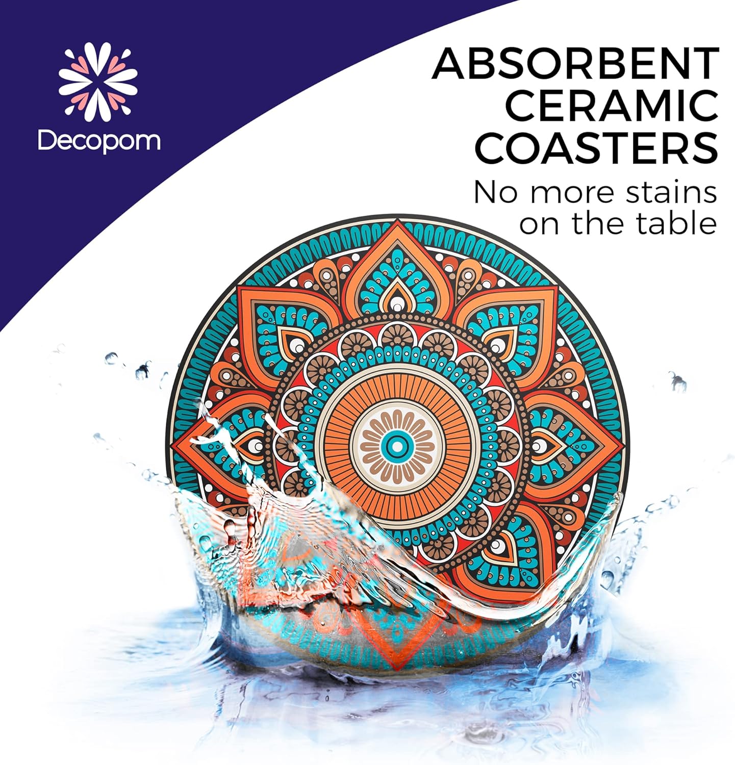8 Set Mandala Drink Coasters with Holder - Ceramic Boho Coaster for Drinks Absorbent with Cork Base and Black Holder