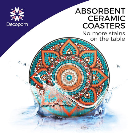 8 Set Mandala Drink Coasters with Holder - Ceramic Boho Coaster for Drinks Absorbent with Cork Base and Black Holder