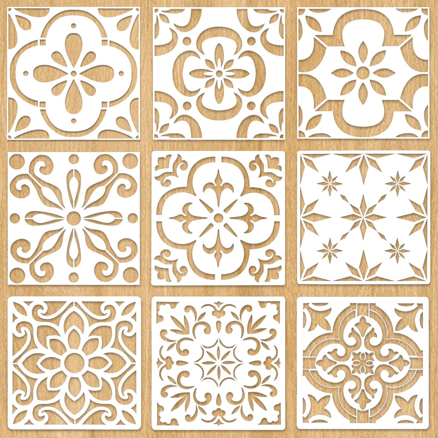 9PCS Large Floor Tile Stencils 12"x12" Reusable Wall Templates for Painting on Floors, Tile, Concrete Patio, Wall, Furniture, Canvas, Mexican Talavera Stencils Set
