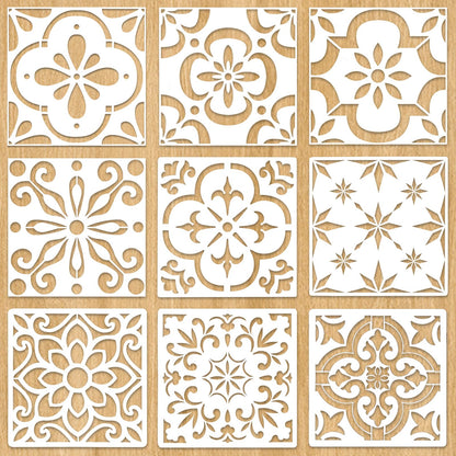 9PCS Large Floor Tile Stencils 12"x12" Reusable Wall Templates for Painting on Floors, Tile, Concrete Patio, Wall, Furniture, Canvas, Mexican Talavera Stencils Set