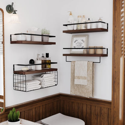 Wood Floating Shelves by [Brand Name] - Rustic Wall-Mounted 4-Tier Bathroom Shelf Set with Basket & Towel Bar
