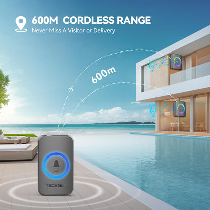 TECKNET Wireless Doorbell, Door Bell 0-120dB, 1300 ft Wireless Range, IP65 Waterproof Classroom Doorbells, 60 Chimes & 5 Volume Levels, RGB Light for Home Kid Room Office Hearing Impaired
