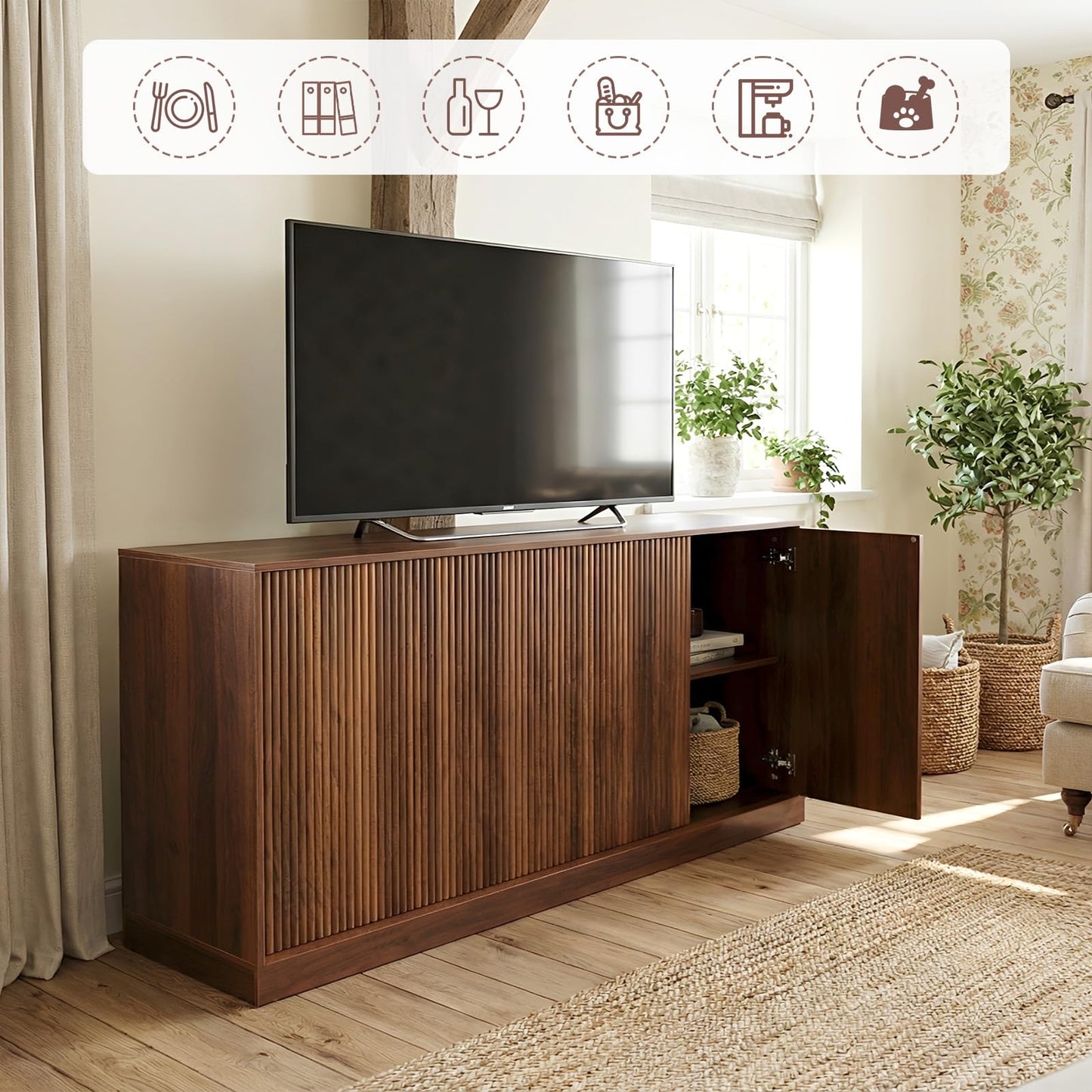 Yaxuordev 63" Sideboard Buffet Cabinet - Black Walnut with Wave Pattern Doors | Mid-Century Modern Credenza Storage for Dining Room, Living Room, Kitchen | TV Stand Console Coffee Bar