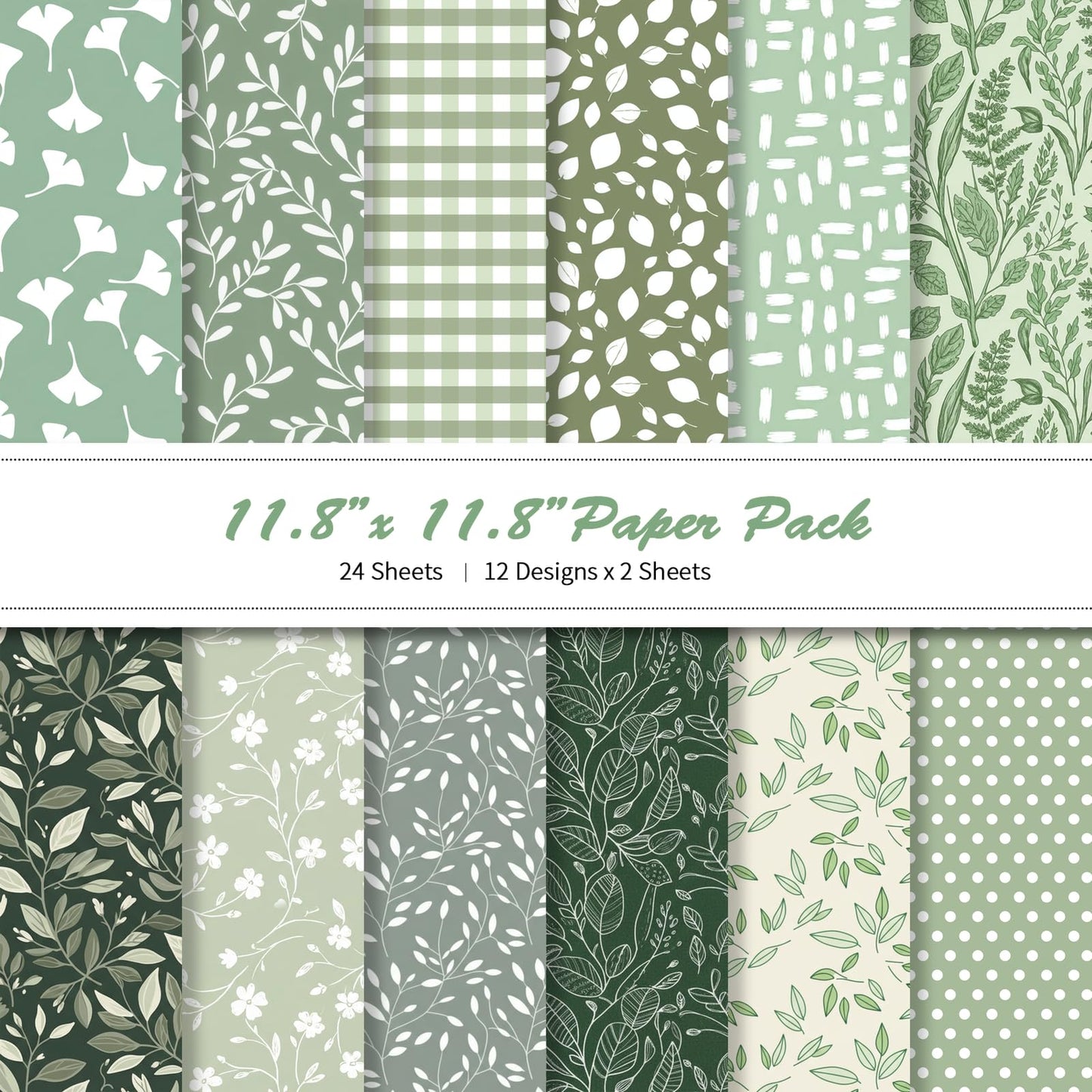 LENSARKU 24 Sheets 11.8 x 11.8 Inch Sage Green Botanical Scrapbook Paper, 160gsm Double Sided Decorative Paper for Junk Journals, Wrapping & Mixed Media, DIY Card Making, Photo Album, Journal Decor