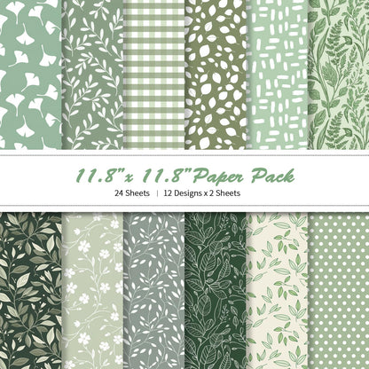 LENSARKU 24 Sheets 11.8 x 11.8 Inch Sage Green Botanical Scrapbook Paper, 160gsm Double Sided Decorative Paper for Junk Journals, Wrapping & Mixed Media, DIY Card Making, Photo Album, Journal Decor