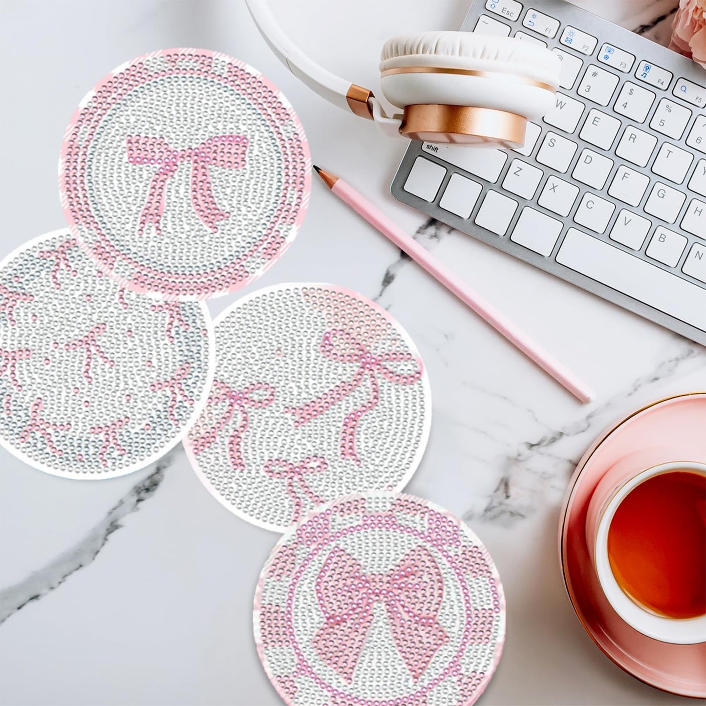 8 Pcs Diamond Painting Coasters,Diamond Painting Kits,Pink Bow Diamond Art Coasters,5D DIY Full Drill Diamond Dots,Gem Art Kits for Adults Arts and Crafts Supplies