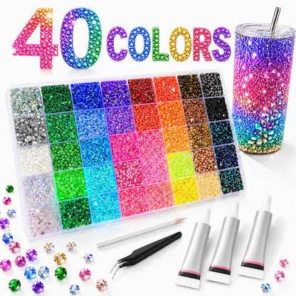 Bluvarionix Bedazzling Kit, 40000Pcs 40 Colors Jelly Rhinestones for Bedazzling, 3mm Resin Flatback Gems, Bedazzler Kit with Rhinestones and 3Pcs B7000 Glue for DIY Crafts, Nails, Tumblers