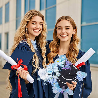 Pineraap Graduation Cap Decorations Kit, Artificial Flower Heads 3D Butterfly Stickers Rhinestones Letter Number Stickers Pearls String Decor Ribbon for DIY Grad Cap Topper Party Supplies, Blue
