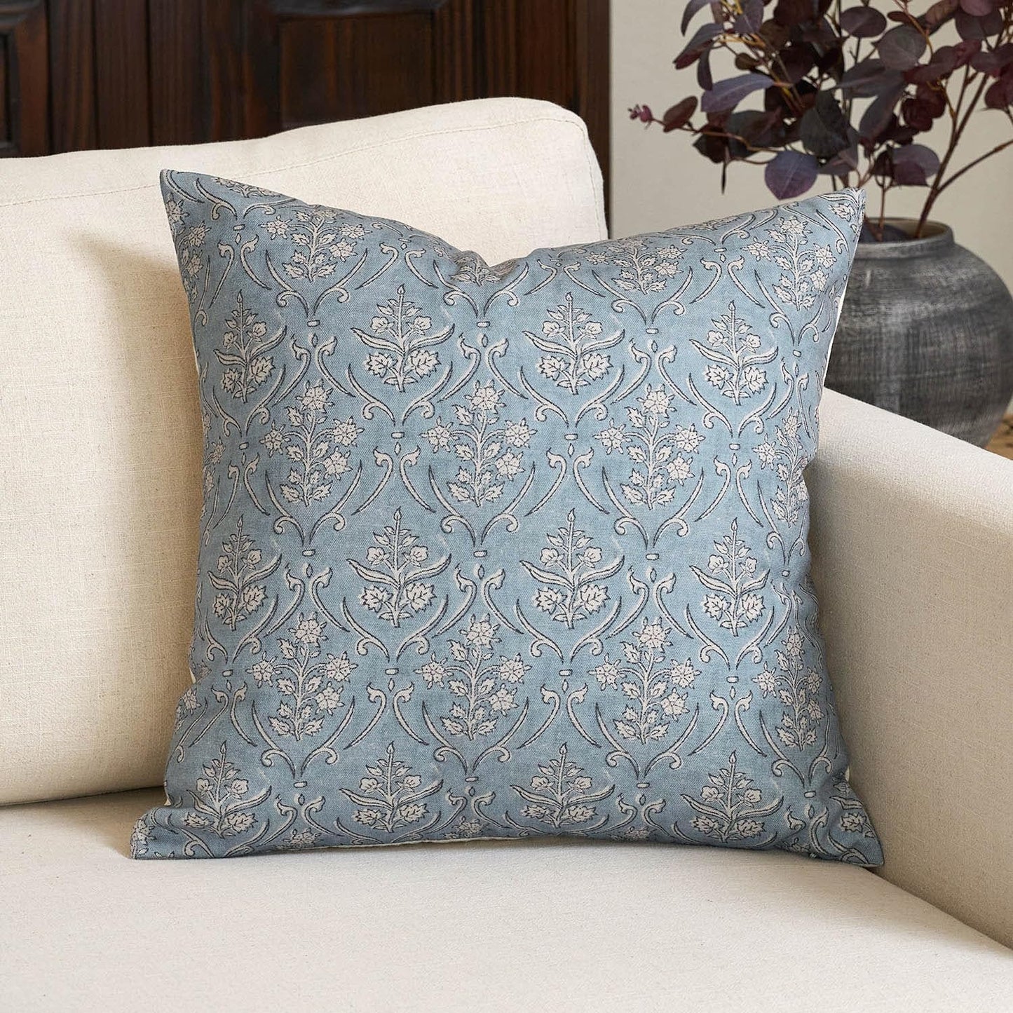 20x20 Inch Amor Virisso Floral Pillow Covers Farmhouse Block Print Pillow Cover Accent Square Neutral Modern Decorative
