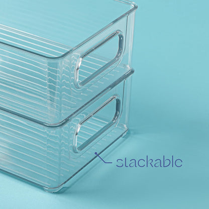 Plastic Food Storage 2 Pack Clear Container Bin with Handles for Kitchen, Pantry, Refrigerator, Stackable 10”x6”x3”