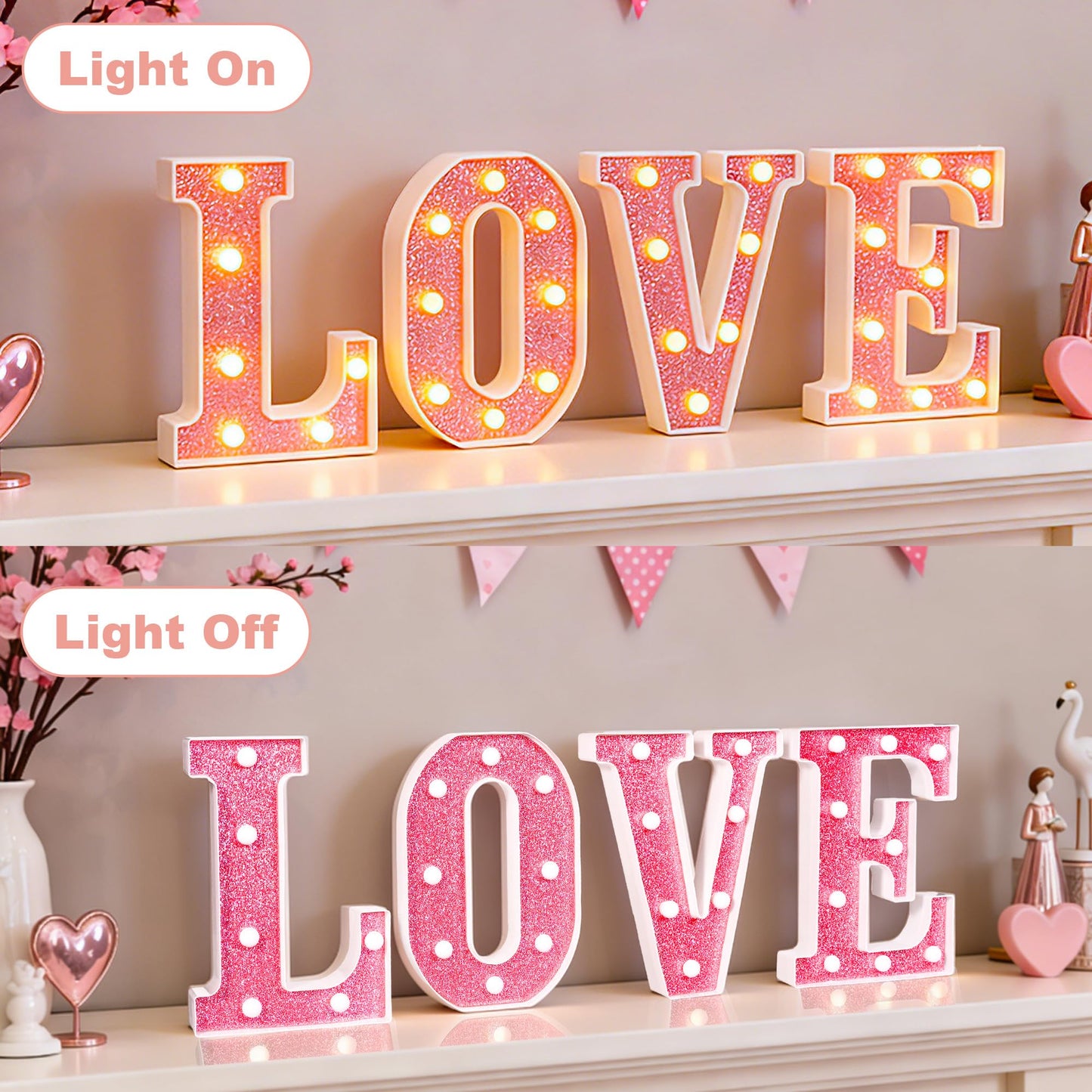 Valentine’s Day Decorations – Galentines LED LOVE Marquee Light Letters, Pink Glitter Battery Operated Tabletop Sign for Home, Party, Shelf and Mantel Décor