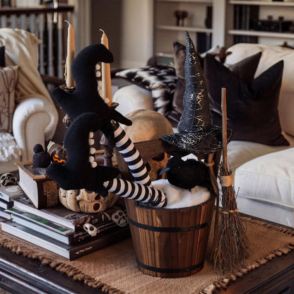 Cinnvoice Halloween Decorations Indoor Witch Legs Hat Broomstick Black Ravens Wooden Table Decor, Gothic Mantel Fireplace Centerpiece for Home Kitchen Office Bar Bedroom Holiday Indoor Party Supplies