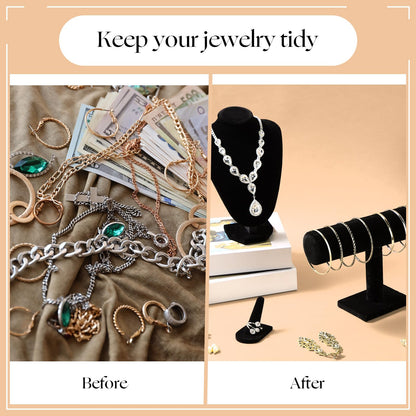 Wenqik 4 Pcs Velvet Jewelry Display Set Velvet Necklace Bust Holder Bracelet Organizer 2 Ring Finger Jewelry Holder(Black)