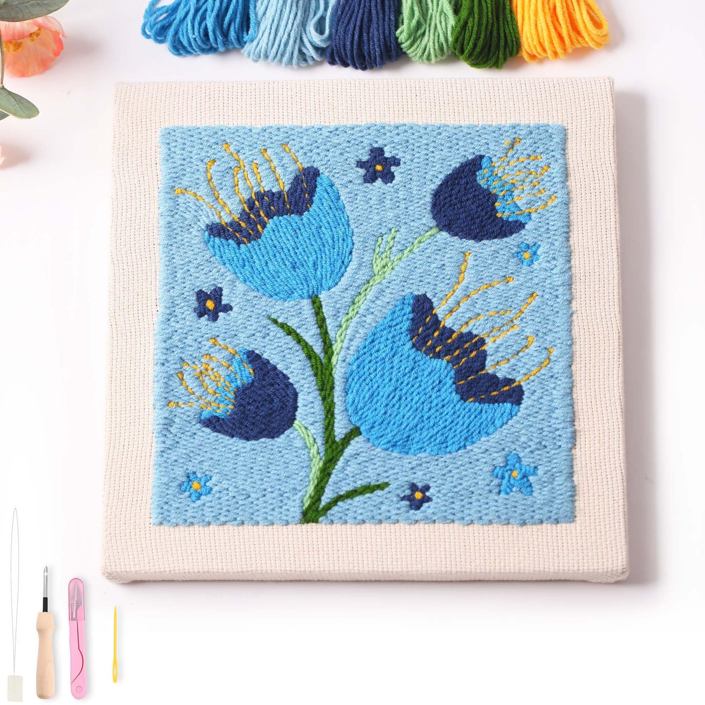 REEWISLY Embroidery Starter Kits for Beginner,Punch Needle Fabric with Pattern,Threader, Yarns,Pinch Needle, Embroidery Hoops & Rug Punch (Blue1)