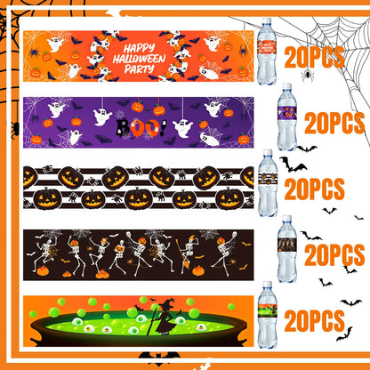 Menkxi 100 Pcs Halloween Water Bottle Labels Pumpkin Witch Potion Bat Ghost Water Bottle Sticker Wrappers Treat Halloween Box Labels for Birthday Party Supplies Decorations Ornaments (Classic Style)
