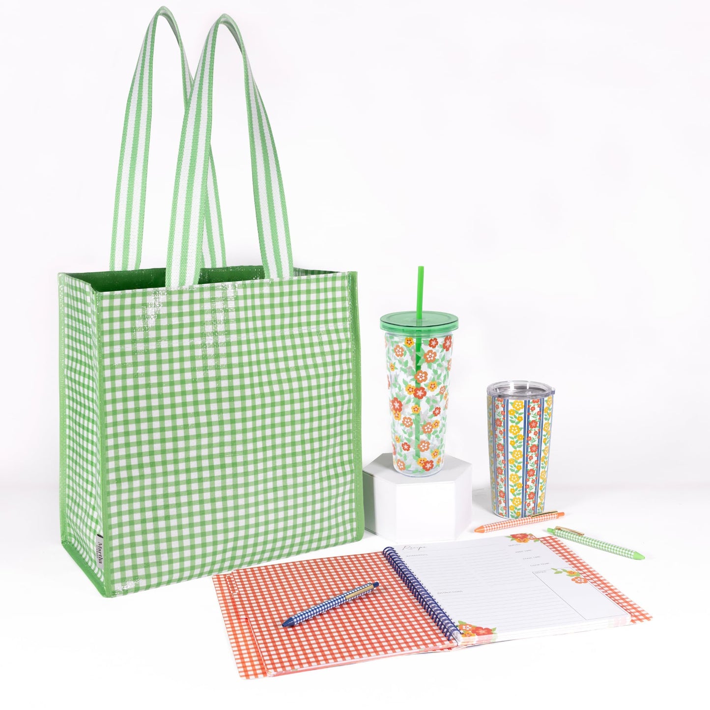 Martha Stewart Reusable Grocery Bag, Spacious 13 x 8 x 14 Shopping Bag for Groceries, Perfect for Shopping, Arcadian Green Gingham