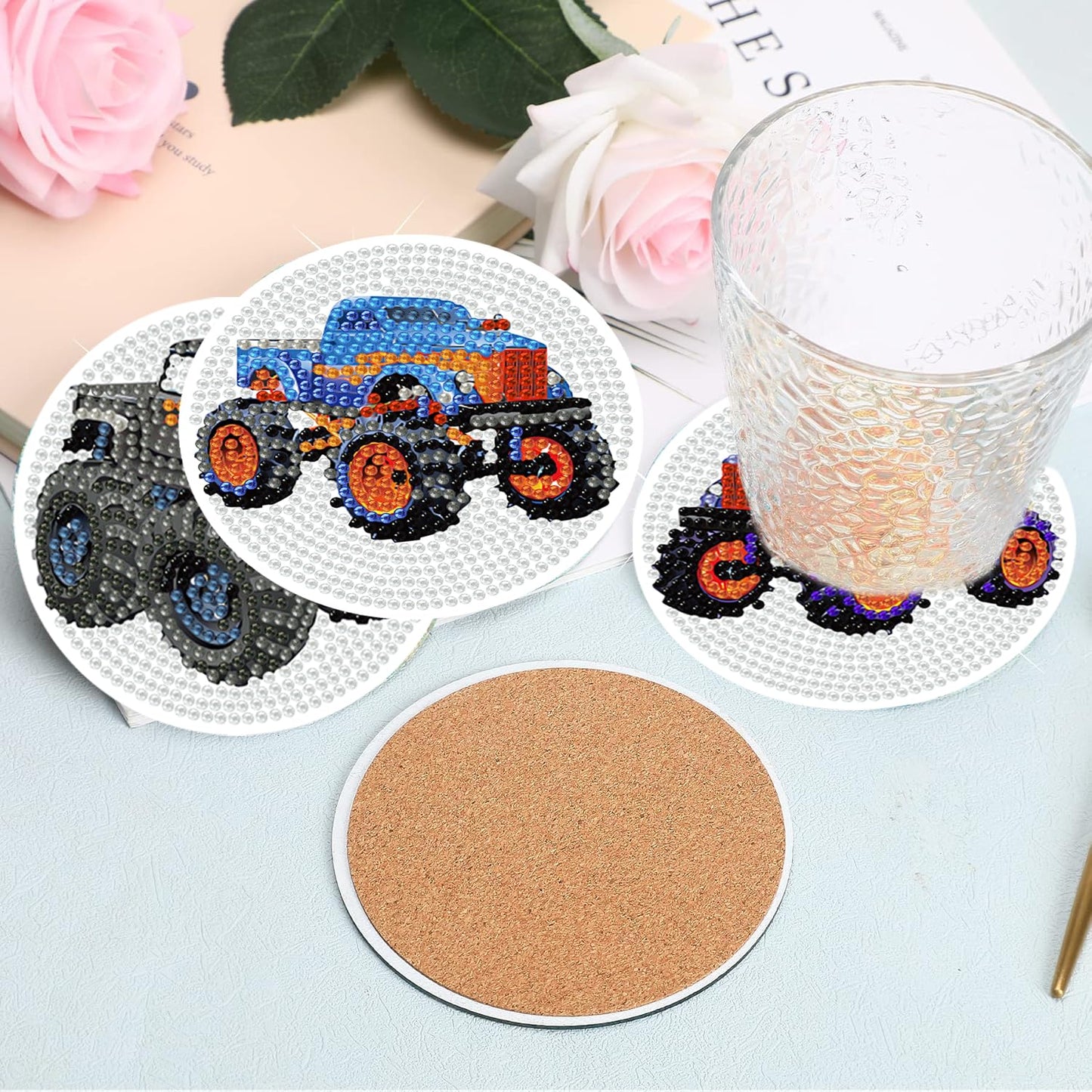 Trucks Diamond Art Painting Coaster Kit, 12 Pcs DIY Crafts Kit with Holder, Non Slip Coaster Art Supplies Full Drill Crafts for Gem Art Dot Art for Adults, Home Wall Decor for Teens Boys Girls