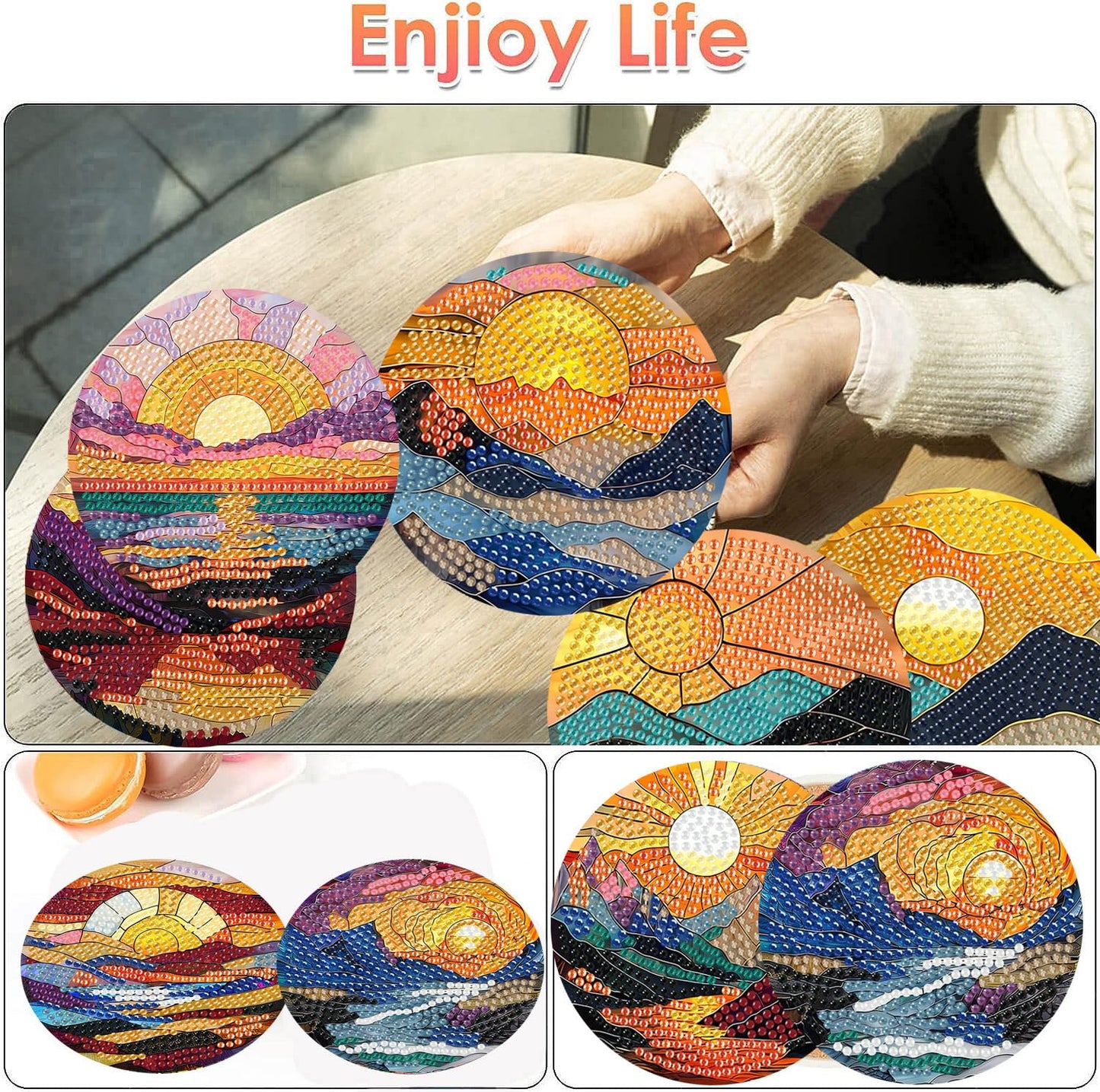 ijbnhd 8 Pcs Sunset Diamond Art Coasters Kits, Sunset Diamond Painting Coasters Kit with Holder, Non Slip Coaster Crafts Kits for Adults Gifts 4x4 inch (Cork Wooden Pad)