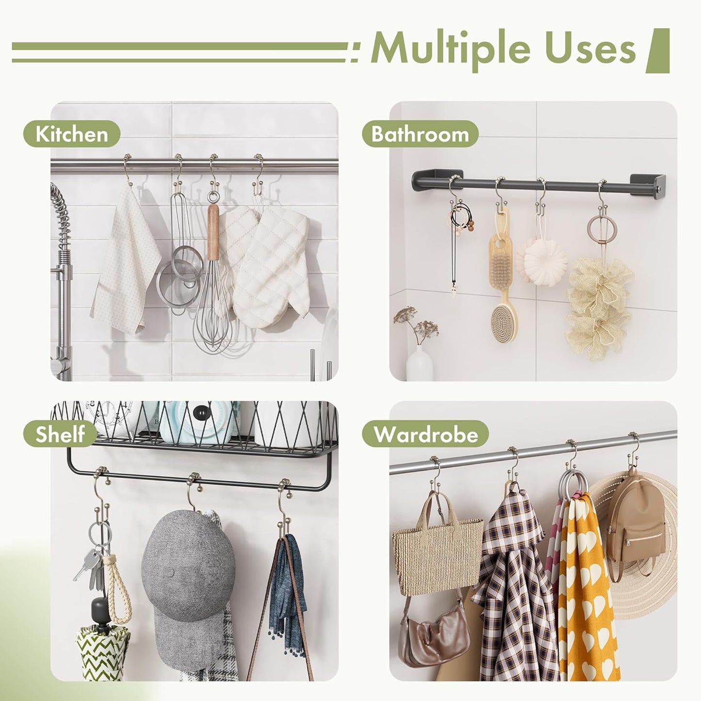 Amazer Shower Curtain Hooks - 12PCS Rust-Resistant Metal Double Rings for Easy Curtain Rolling | Nickel Finish