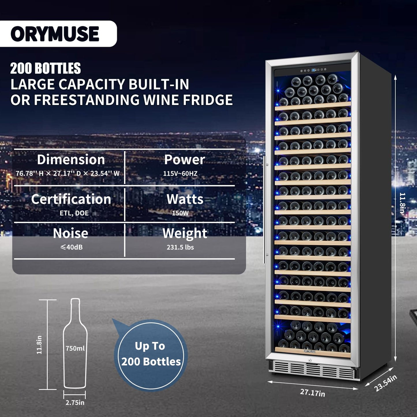 ORYMUSE Large 200 Bottle Wine Fridge - 24 Inch Wine Cooler Refrigerator, Freestanding and Built-in Design, Upgraded Compressor Cooling, Intelligent Temperature Memory