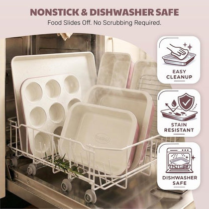 Gotham Steel 6 Pc Stackable Baking Pans Set, 70% Space Saving Design, Ceramic Bakeware Sets Non Toxic Made Without PFOA PFOS, with Baking Sheet Tray, Cake & Muffin Pans, Oven & Dishwasher Safe