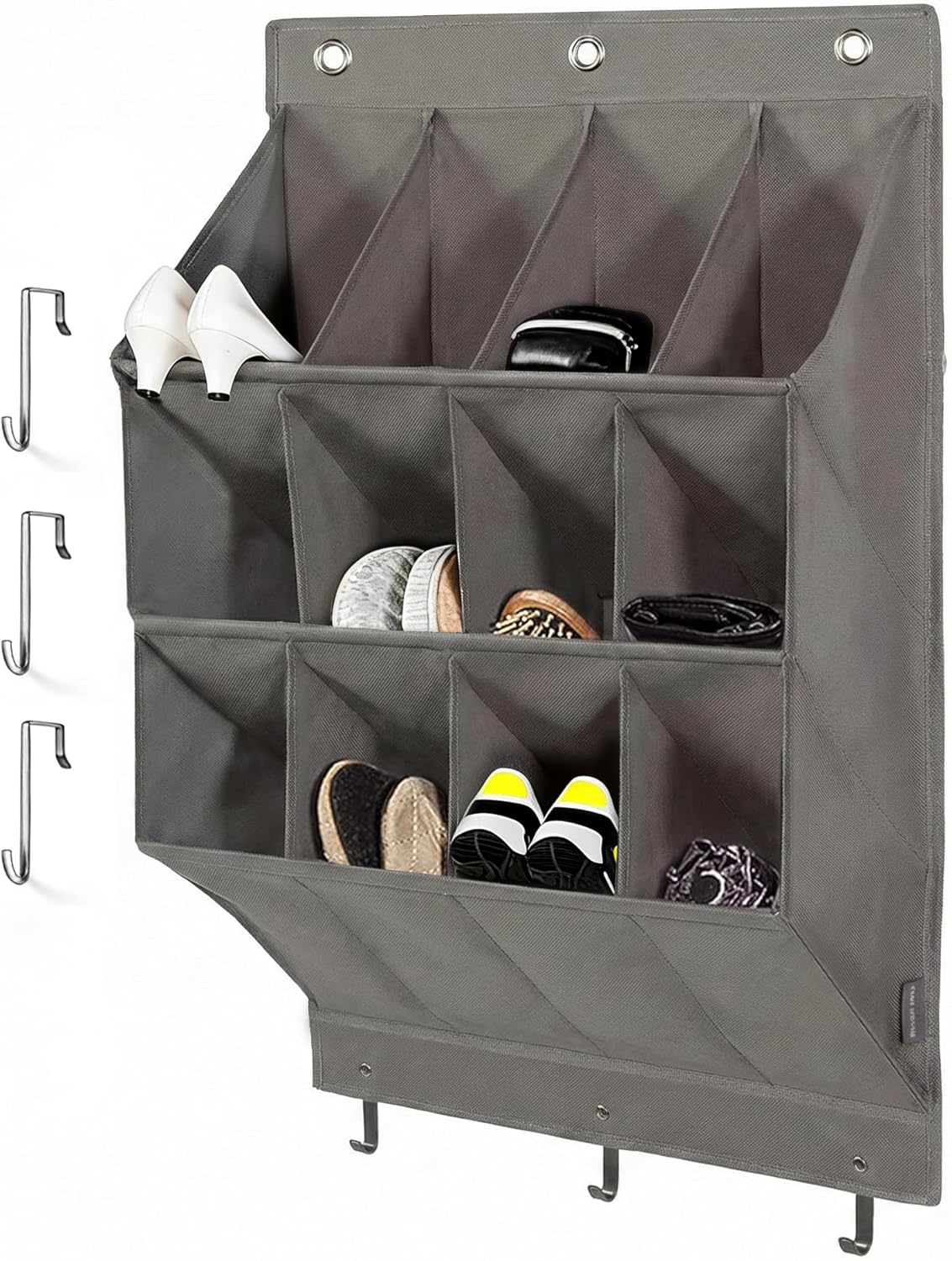 12 600D 6 Over the Door Shoe Organizer, Grey Pockets Hanging Shoe Storage Rack with Large Deep Pockets, Oxford Fabric