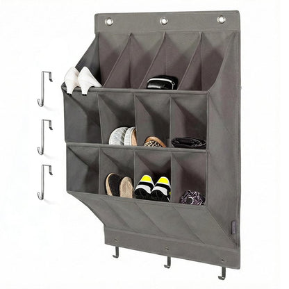 NELLHOMY Over the Door Shoe Organizer, Grey 12 Pockets Hanging Shoe Storage Rack with Large Deep Pockets, Oxford 600D Fabric Shoe Storage Rack with 6 hook for Shoes, Home Accessories etc