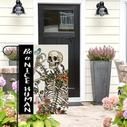 Dyrenson Funny Skeleton Decorative Garden Flag, Gothic Be a Nice Human Skull Flower Yard Outside Home Decoration, Spring Summer Floral Butterfly Burlap Outdoor Small Decor Double Sided 12 x 18