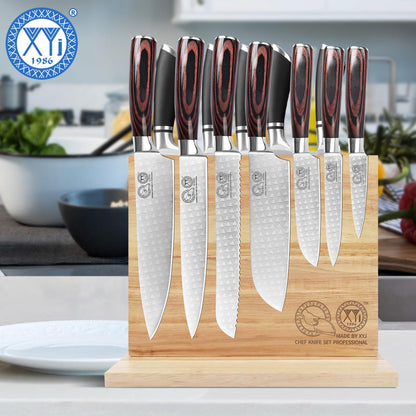 XYJ Authentic Since 1986, Magnetic Knife Block, Double Side Kitchen Knife Stand, Acacia Wood, Magnetic Knife Holder with Strong Enhanced Magnets,Knives Storage Rack Stand for Home Kitchen