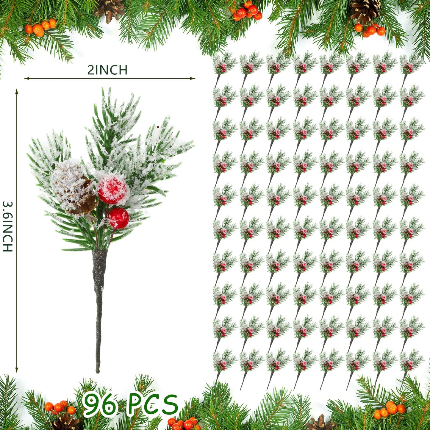 96 Pcs Christmas Picks and Sprays Christmas Tree Floral Picks Holly Red Berry Stem Spray Greenery for Craft Artificial Faux Pine Branches Cone Branches for Tree Home Decor Garland Wreath (Fresh)