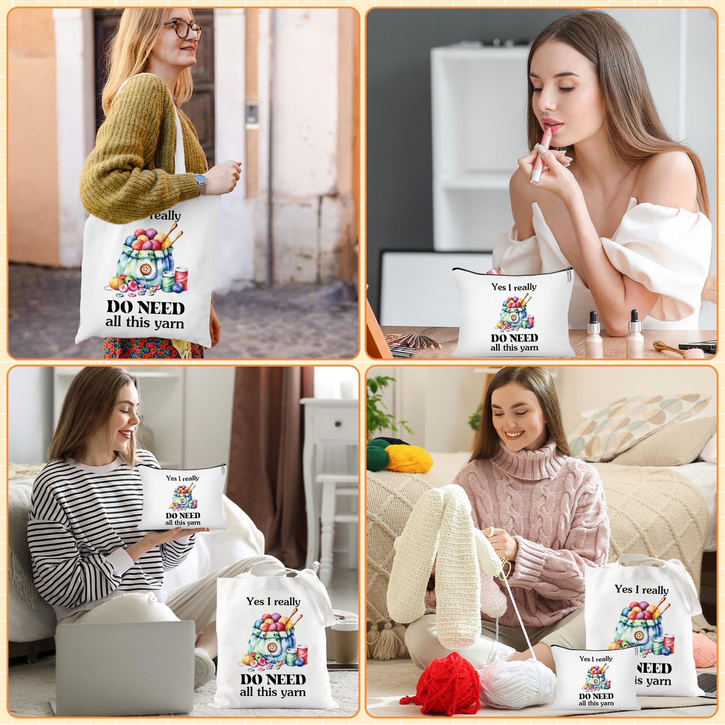 Canvas Crochet Tote Bag for Women - 2 Pcs Aesthetic Cosmetic Pouch Tote Bags, Yarn Pattern Fun Quote Design Reusable Grocery Bags, Gifts for Crochet Lovers Mom Friends
