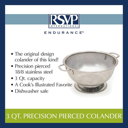 RSVP International Endurance Kitchen Collection Colander Strainer, 3 Quart, Pierced Stainless Steel