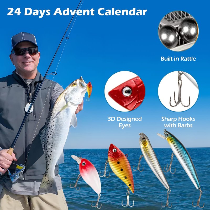 Fishing Lure Advent Calendar 2025 24 Days of Fishing Bait Christmas Advent Calendar 2025 Fishing Gift for Fishermen Adult Teen Boys Mystery Tackle Box Surprise Countdown