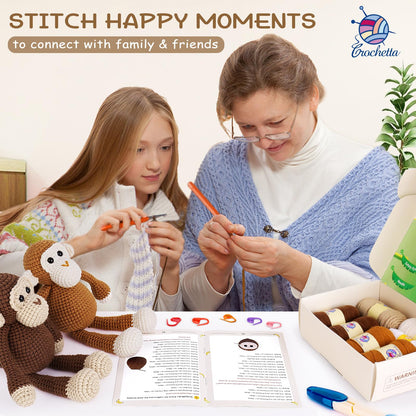 Crochetta Crochet Kit for Beginners, Crochet Kits with Step-by-Step Video Tutorials, Learn to Crochet Animal Kit for Adults Kids, DIY Craft Knitting Supplies, Monkey Amigurumi Gift(40%+ Yarn)