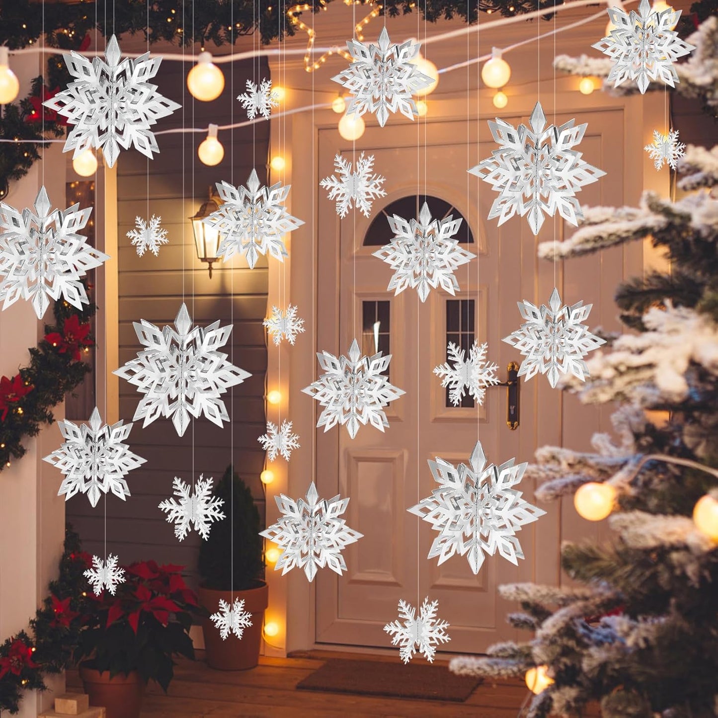 12PCS Snowflake Christmas Decorations, 3D Large Silver Paper Snowflakes Garland for Winter Wonderland Christmas Party