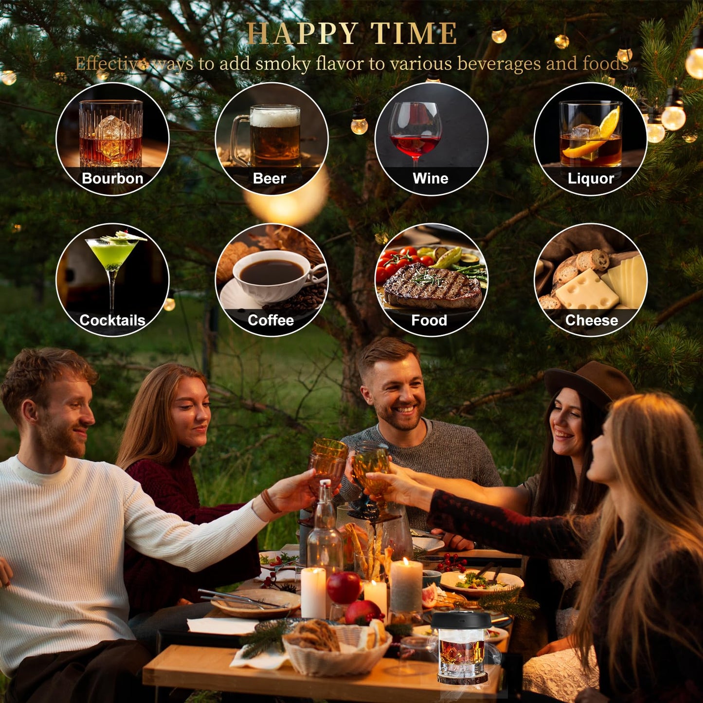 Audoyon Electric Whiskey Smoker Kit with 7-Color Lights, 6 Flavors Wood Chips Cocktail Shaker with Sphere Ice Mold & Stainless Steel Ice Cubes, Old Fashioned Smoker for Father's Day, Gifts for Him