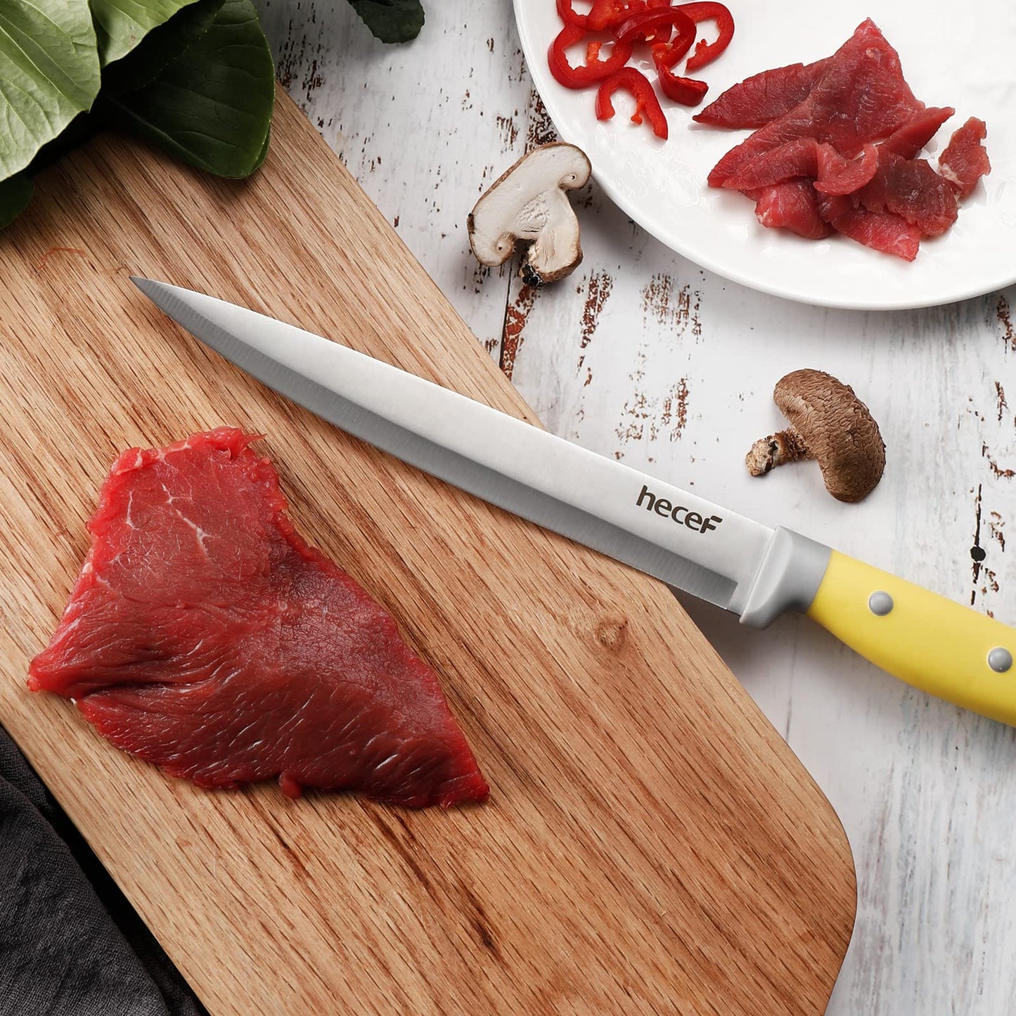 hecef Kitchen Knife Block Set, 14 Pieces Knife Set with Wooden Block & Sharpener Steel & All-purpose Scissors, High Carbon Stainless Steel Cutlery Set (Yellow)
