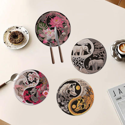 DIY Diamond Painting Placemats, Round Yin Yang Table Mats, 5.9 Inch, 4 Pack, Home Decor Craft Kit with Pen, Tray, and Clay Glue