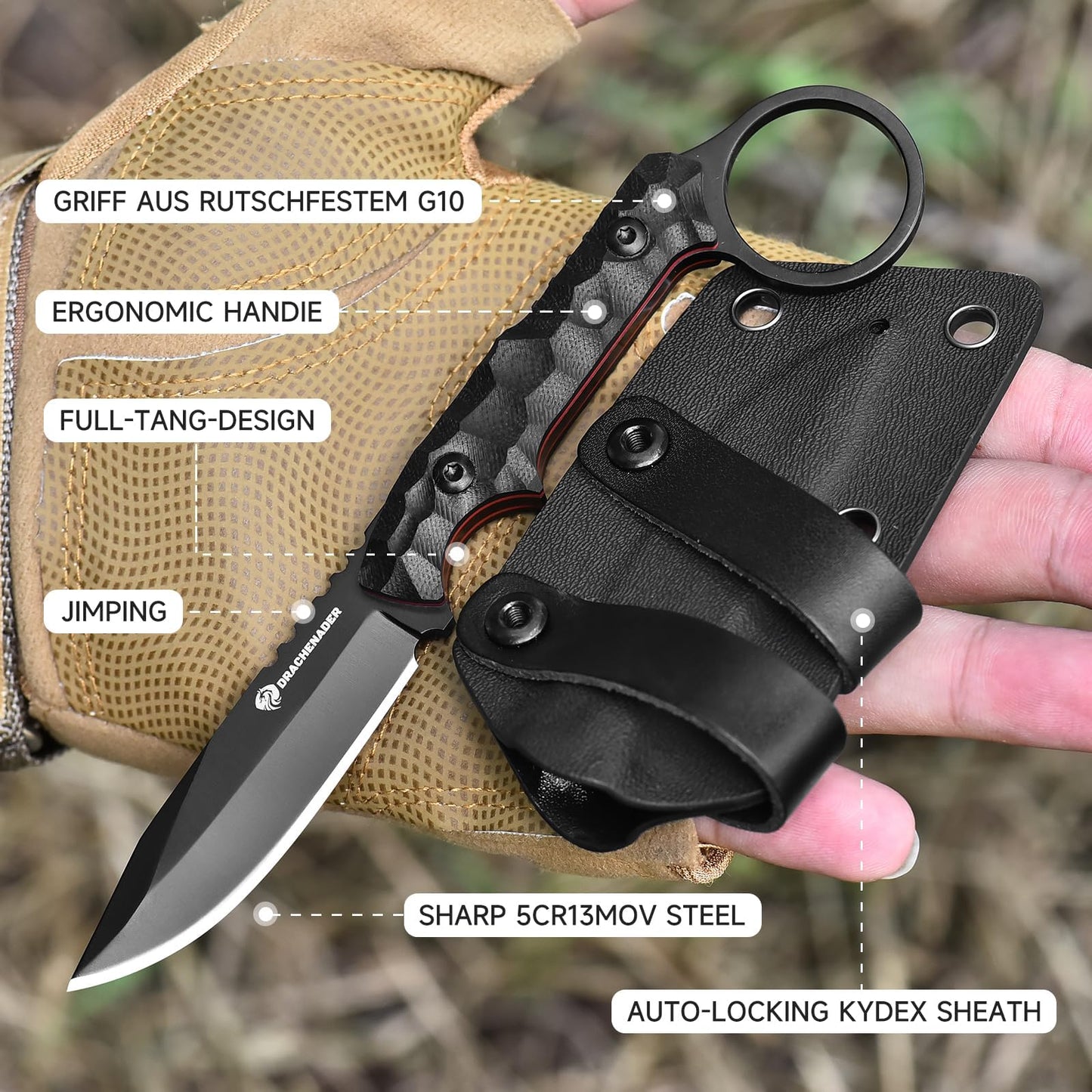 DRACHENADER EDC Fixed Blade Knife with Sheath 7.08" Small Horizontal Carry Knifes with Kydex Sheath, Full Tang 5Cr13MoV Stainless Steel, Black, Neck Knife, Men Gifts