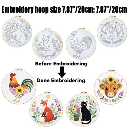 ORIGACH 4 Pcs Flower and Animal Embroidery Kit for Beginners, Stamped Design Embroidery Starter Kit Includes Cloth, Hoops, Threads & Needles