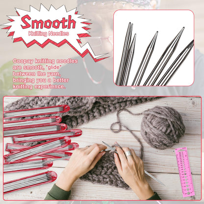 Coopay 55pcs Double Pointed Knitting Needles Set, 2.0mm-6.5mm, Sock Knitting Needles, 20cm Metal DPN Shorties Knitting Needle for Socks Gloves Hats, Double Pointed Needles with Knitting Needle Gauge
