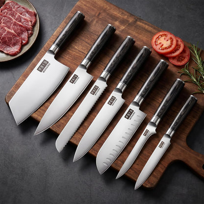 MDHAND Kitchen Knife Set, 7 Pieces Ultra Sharp Japanese Knife Set, High Carbon Stainless Steel Professional Chef Knives Set with Black Pakkawood Handle for Home Cooking, Dishwasher Safe