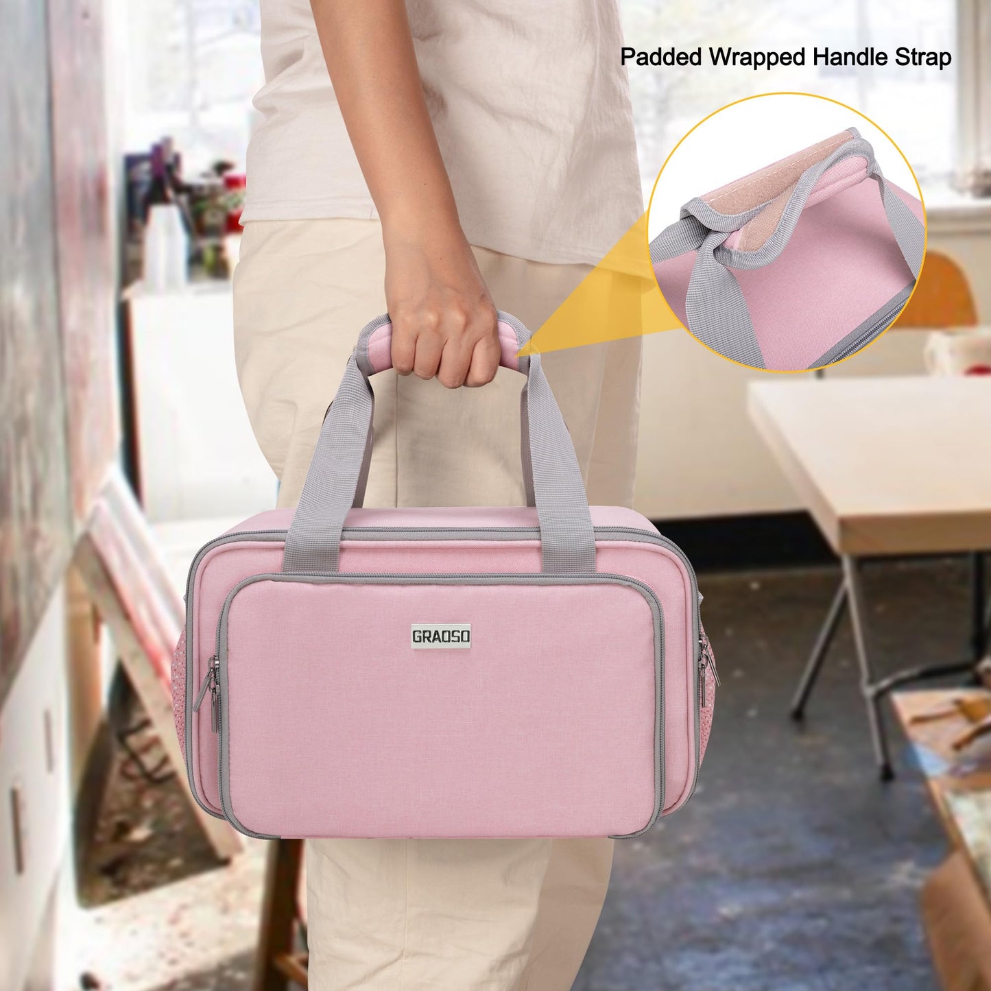 Acrylic Paint Organizer Bag for up to 54 Bottles (2 oz), Art Supply Storage Case with Handle Strap, Extra Pocket for Paint Brushes, etc, Aluminum Foil Liner for Easy Cleaning, Patented Design (Pink)