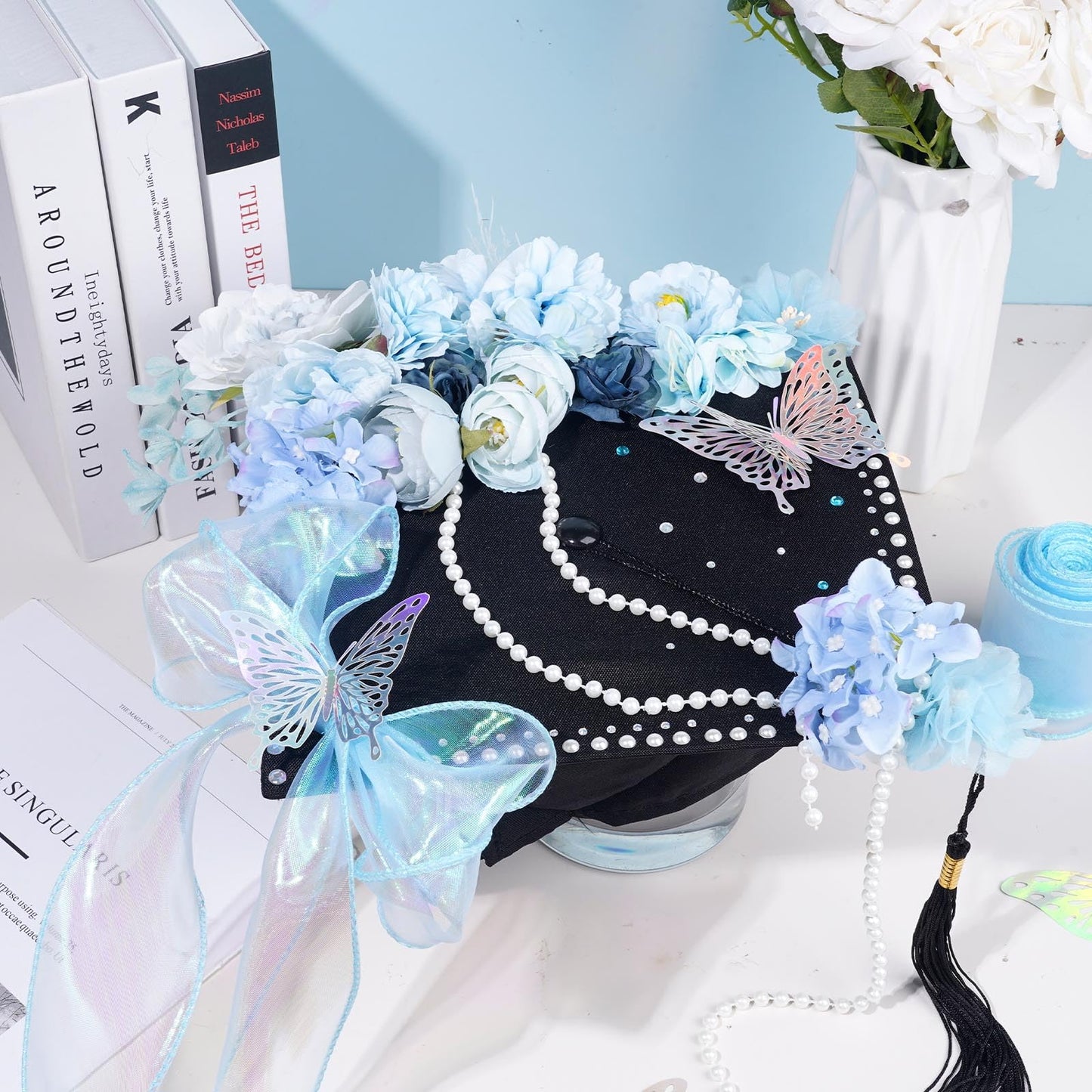 Pineraap Graduation Cap Decorations Kit, Artificial Flower Heads 3D Butterfly Stickers Rhinestones Letter Number Stickers Pearls String Decor Ribbon for DIY Grad Cap Topper Party Supplies, Blue