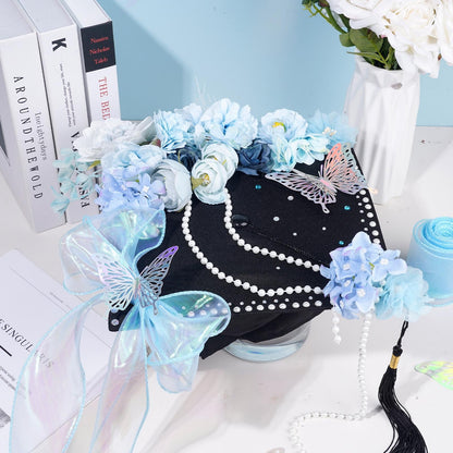 Pineraap Graduation Cap Decorations Kit, Artificial Flower Heads 3D Butterfly Stickers Rhinestones Letter Number Stickers Pearls String Decor Ribbon for DIY Grad Cap Topper Party Supplies, Blue