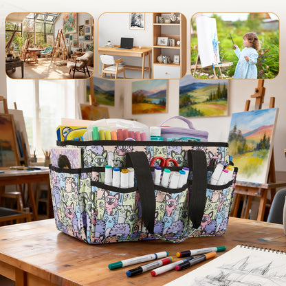 JOSIVIKY Craft Organizer Tote Bag, Art Organizer, Craft Caddy with Multiple Pockets, Storage Bag for Sewing Tools, Art Supplies, Home and Office (Cat Print)