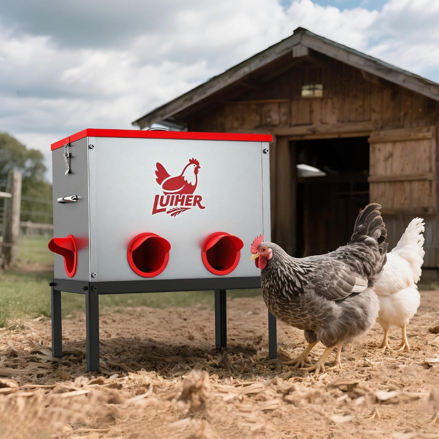 LUIHER 25LB 6 chicken food dispenser no waste chincken feeder Ports Large Capacity Galvanized Metal Poultry Feeder